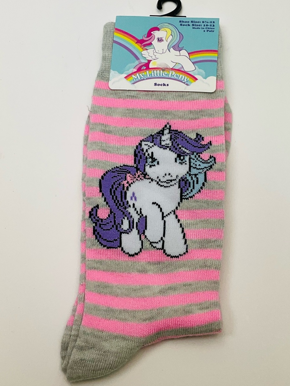 🌼4/$10🌼 NEW My Little Pony Pink & Gray Striped Unicorn Crew Socks - Adult 6.5-12